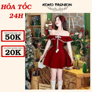   HỎA TỐC HCM  Đầm Nhung Đỏ Mặc Noel Kiểu Trễ Vai Bèo Trắng Cột Nơ Dáng Xoè Xinh Xắn Lễ Tết 