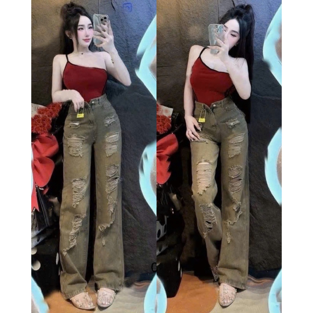 (S-XXL, DÀI 102CM ) QUẦN JEANS NỮ ỐNG RỘNG DÀI 102CM , RÁCH TẠO MẢNG , TẠO SỢI MẪU THỜI TẢNG BỤI PHỐ