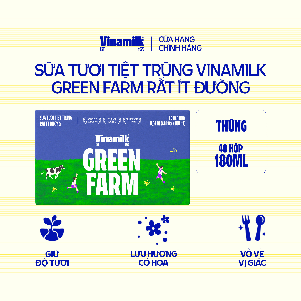 [AFF] Thùng 48 Hộp Sữa Tươi Tiệt Trùng Vinamilk Green Farm Rất ít đường  180ml | BigBuy360 - bigbuy360.vn