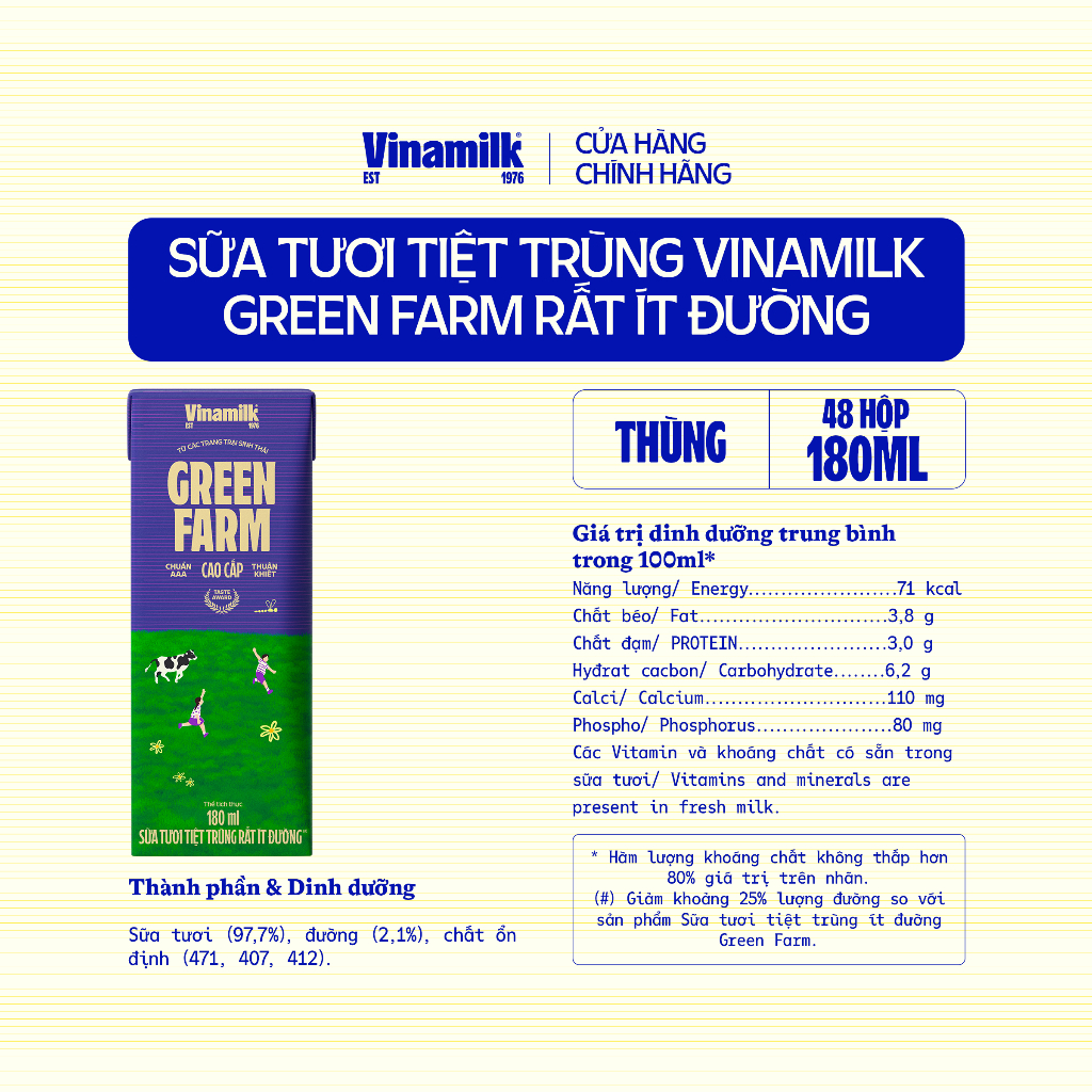 [AFF] Thùng 48 Hộp Sữa Tươi Tiệt Trùng Vinamilk Green Farm Rất ít đường  180ml | BigBuy360 - bigbuy360.vn
