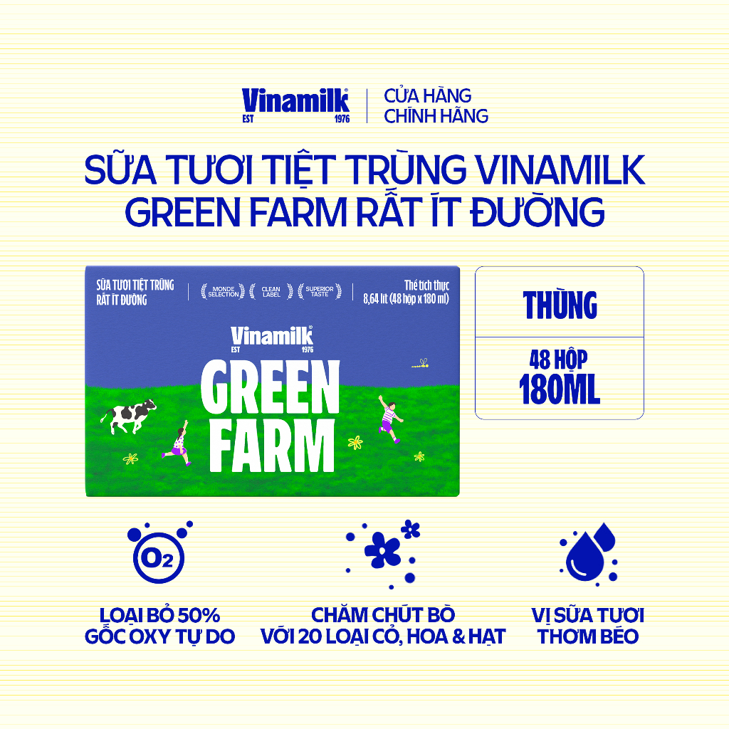 [AFF] Thùng 48 Hộp Sữa Tươi Tiệt Trùng Vinamilk Green Farm Rất ít đường  180ml | BigBuy360 - bigbuy360.vn
