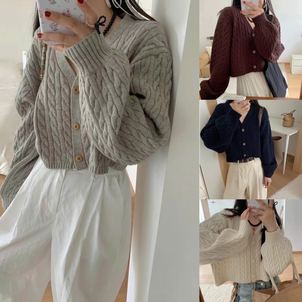 Áo khoác len cardigan dáng croptop rộng màu trơn đen nâu trắng ghi vặn thừng CDG011 - Tiktik