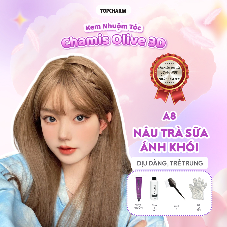 Thuốc nhuộm tóc màu NÂU TRÀ SỮA Olive, không cần tẩy, tặng bộ dụng cụ và gói siêu dưỡng TOPCHARM–CHA