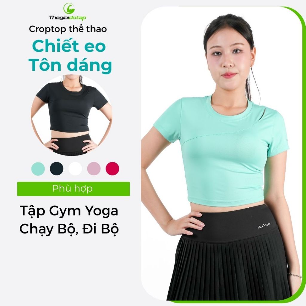Áo Croptop Nữ Thể Thao ICADO HT105 Áo Tập Yoga Pickleball Vải Co Giãn Thấm Hút Tốt thegioidotap