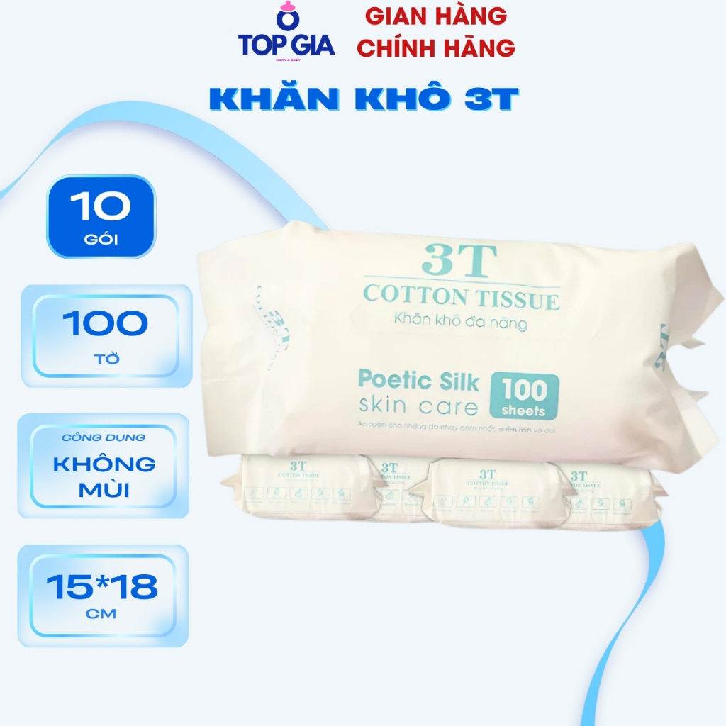 Combo 10 Gói Khăn Khô 3T Pharma , Gói 100 Tờ , siêu mềm , an toàn cho trẻ em và người già ko mùi , k
