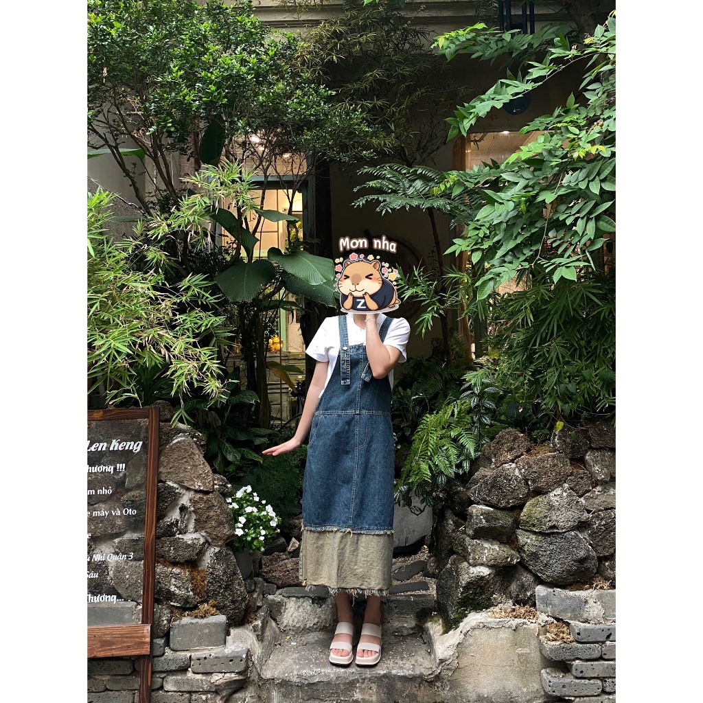 [Bycamcam] Pass Đầm yếm jeans dài suông phối màu túi hông vintage, yếm bò, dáng dài size S