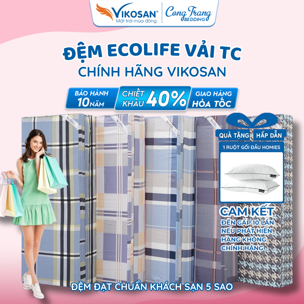 [Tặng Ruột Gối Đầu VIKOSAN ] Đệm Bông Ép Tinh Khiết 3 Mảnh Kháng Khuẩn Vỏ Vải TC Chính Hãng VIKOSAN 