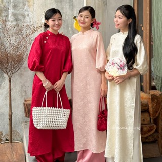   HAVANA  CÓ BIGSIZE - Áo dài gấm LIÊU HẠ tay bồng cúc hoa kèm quần lụa Satin AD220 
