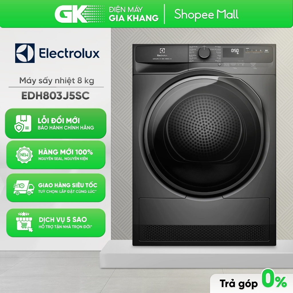 [Shopee - Lắp đặt 0Đ HN HCM] EDH803J5WC (Trắng) | EDH803J5SC (Xám) - Máy Sấy Bơm Nhiệt 8 Kg ELECTROL
