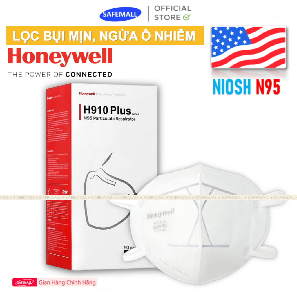 Hộp 50 chiếc khẩu trang Honeywell H910 Plus tiêu chuẩn N95 Mỹ, lọc bui siêu mịn, chống ô nhiễm SAFEM