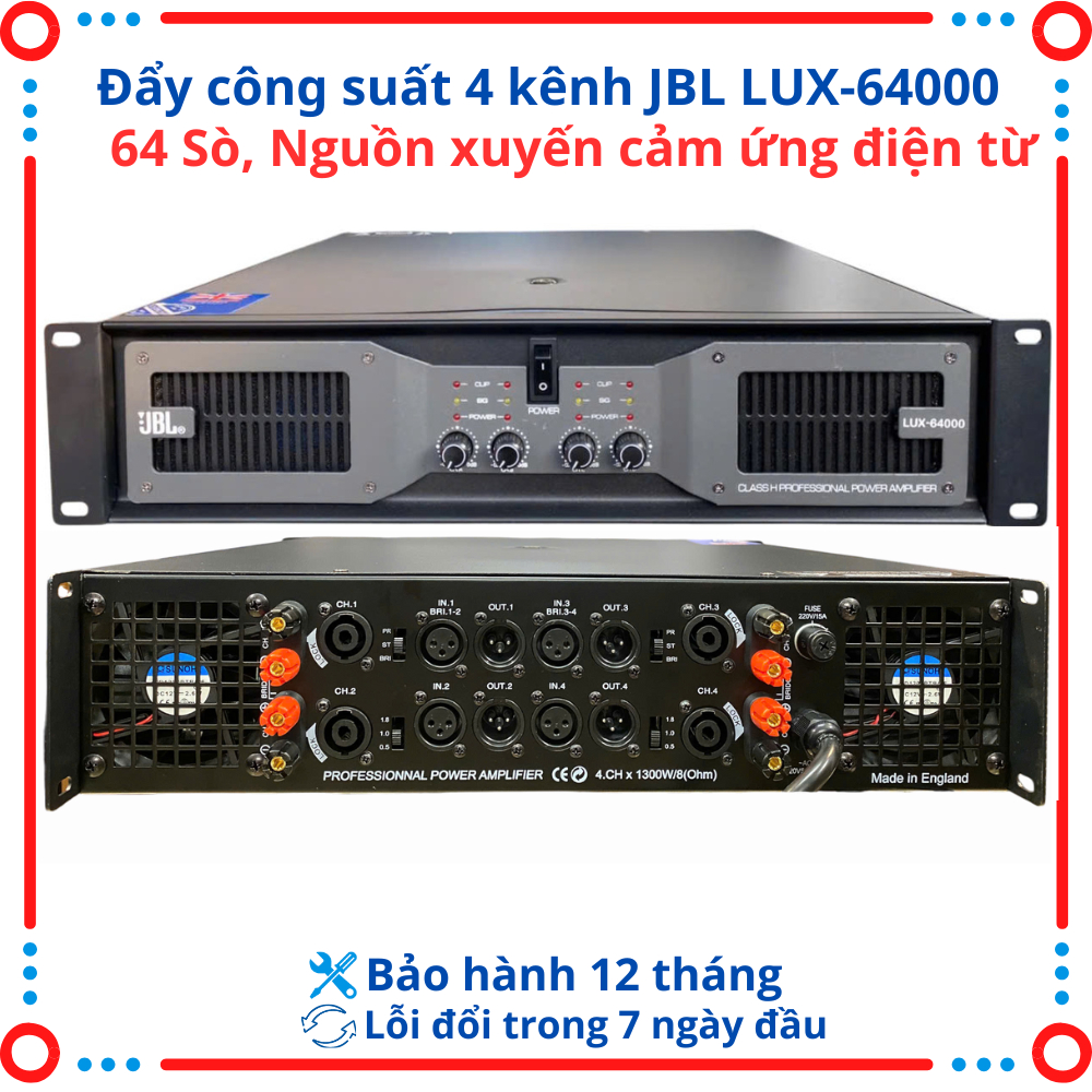 Cục đẩy công suất 4 kênh J.B.I LUX-64000 Trang bị 64 sò NJW chất tiếng sáng,sạch.Nguồn xuyến 21cm,cô