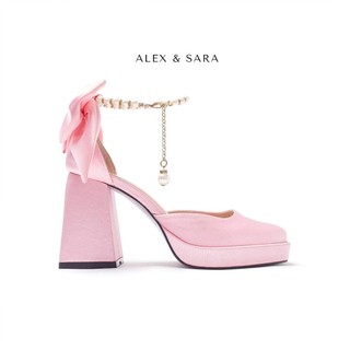  AL442 - Giày cao gót Alex & Sara đế đúp mũi vuông quai khóa ngọc trai nhân tạo sang trọng quý phái gót trụ 9cm 