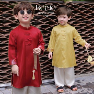   Có quần  Bộ áo dài Tết bé trai Bernie chất lụa đính cúc kèm quần - Áo dài cách tân cho bé từ 9-22kg- 22B490 