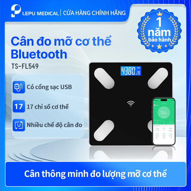 Lepu Cân Điện Tử Đo Cân Nặng và Chất Thành Phần Cơ Thể Thông Minh Bluetooth Sạc USB Phân Tích 17 Chỉ Số Cơ Thể TS-549