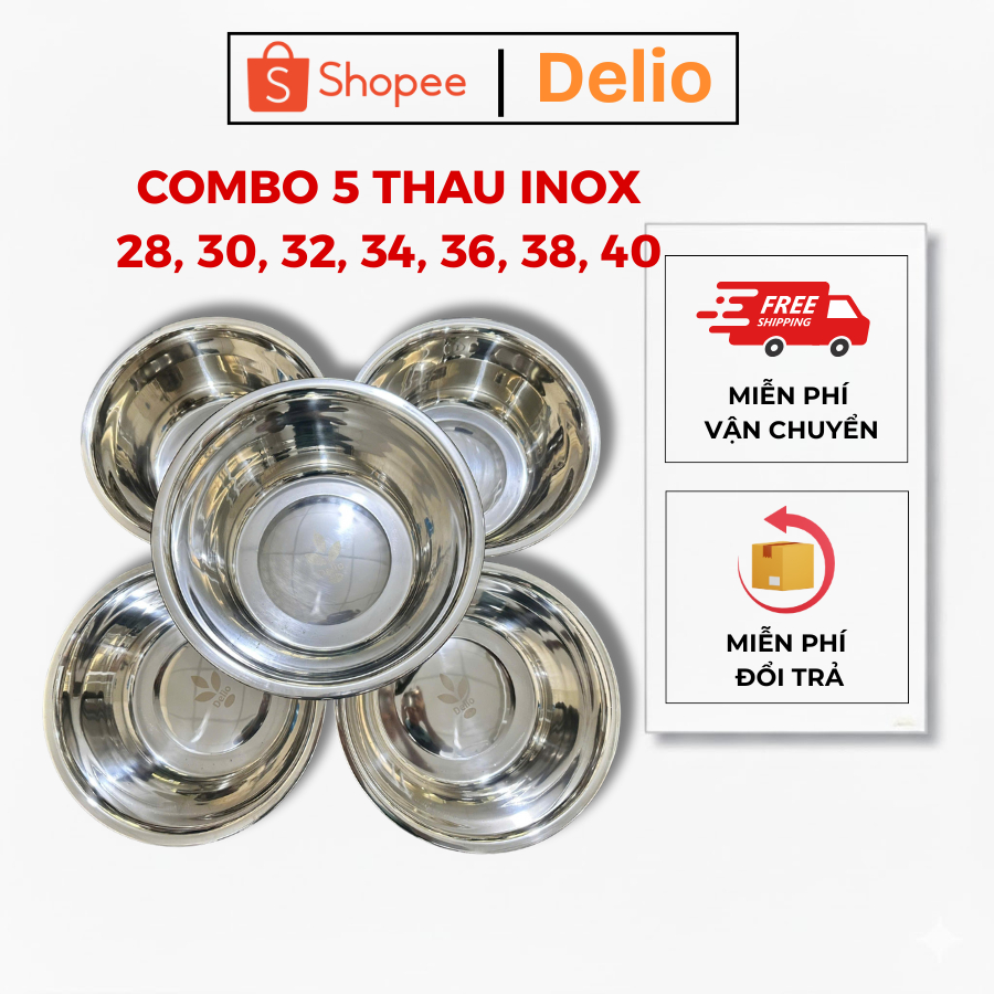 Combo 5 Thau Inox Sâu Lòng – Bộ Thau Inox Đa Năng, Dày Dặn, Sáng Bóng – Dùng Cho Nhà Bếp, Bền Đẹp