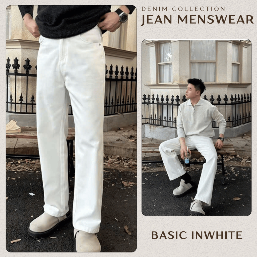 Quần Jean Nam InWhite Form Regular Chất Liệu Jean Kaki Chính Phẩm, Quần Bò Nam Màu Trắng có Bigsize