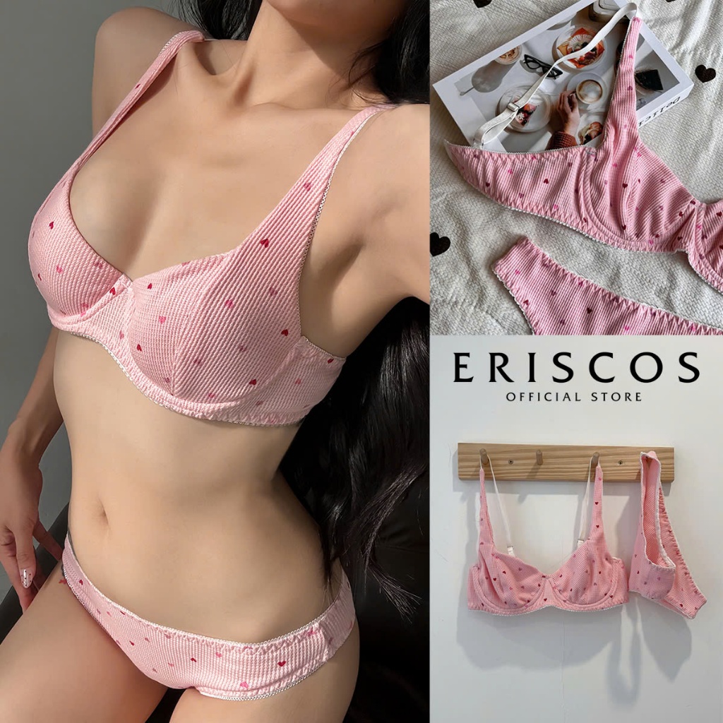 Renata - Bộ cotton hồng trái tim có gọng không mút mix viền cao giúp ôm quả tròn quả tạo khe tự nhiê