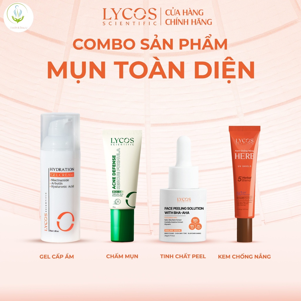 [Da mụn] Combo Hoàn Hảo Cho Da Mụn LYCOS (Tinh chất peel - Dưỡng ẩm - Kem chống nắng -Chấm mụn)