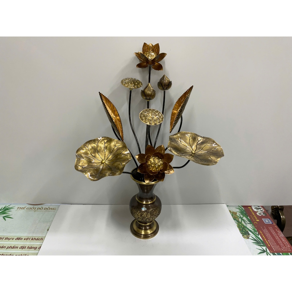 Hoa sen đồng màu giả cổ, bó sen bằng đồng nguyên chất màu hun giả cổ 10 bông cao 70cm