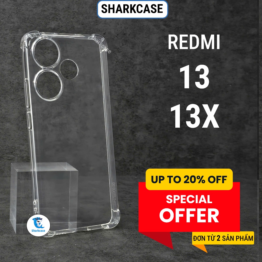 Ốp lưng Redmi 13, 13x dẻo trong suốt silicon cao cấp chống sốc bảo vệ camera điện thoại sharkcase
