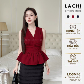   TẶNG KHĂN LỤA  Áo gile sát nách Peplum công sở LACHI kiểu cổ V nhún eo giấu bụng 2 lớp khóa sau cho nữ LC-SM46 