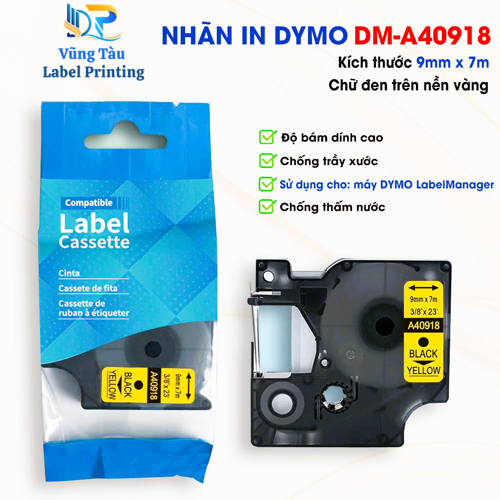 Nhãn D1 DM-A40918 Chữ Đen Nền Vàng dùng cho máy Dymo - Rhino - AIMO LM2800