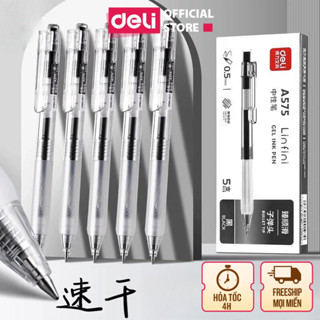 [KÈM NGÒI THAY THẾ] Hộp 5/10 Bút bi gel bấm văn phòng Deli mực đen ngòi 0.5mm A575 học sinh mực đều viết trơn mượt