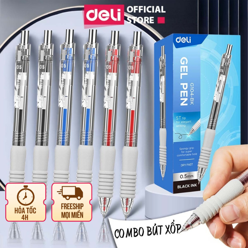 [COMBO BÚT XỐP] Bút Bi Nước Bút Gel Mực Bấm Deli Đệm Xốp 3 Màu Xanh/ Đen/ Đỏ Ngòi 0.5mm Cho Học Sinh