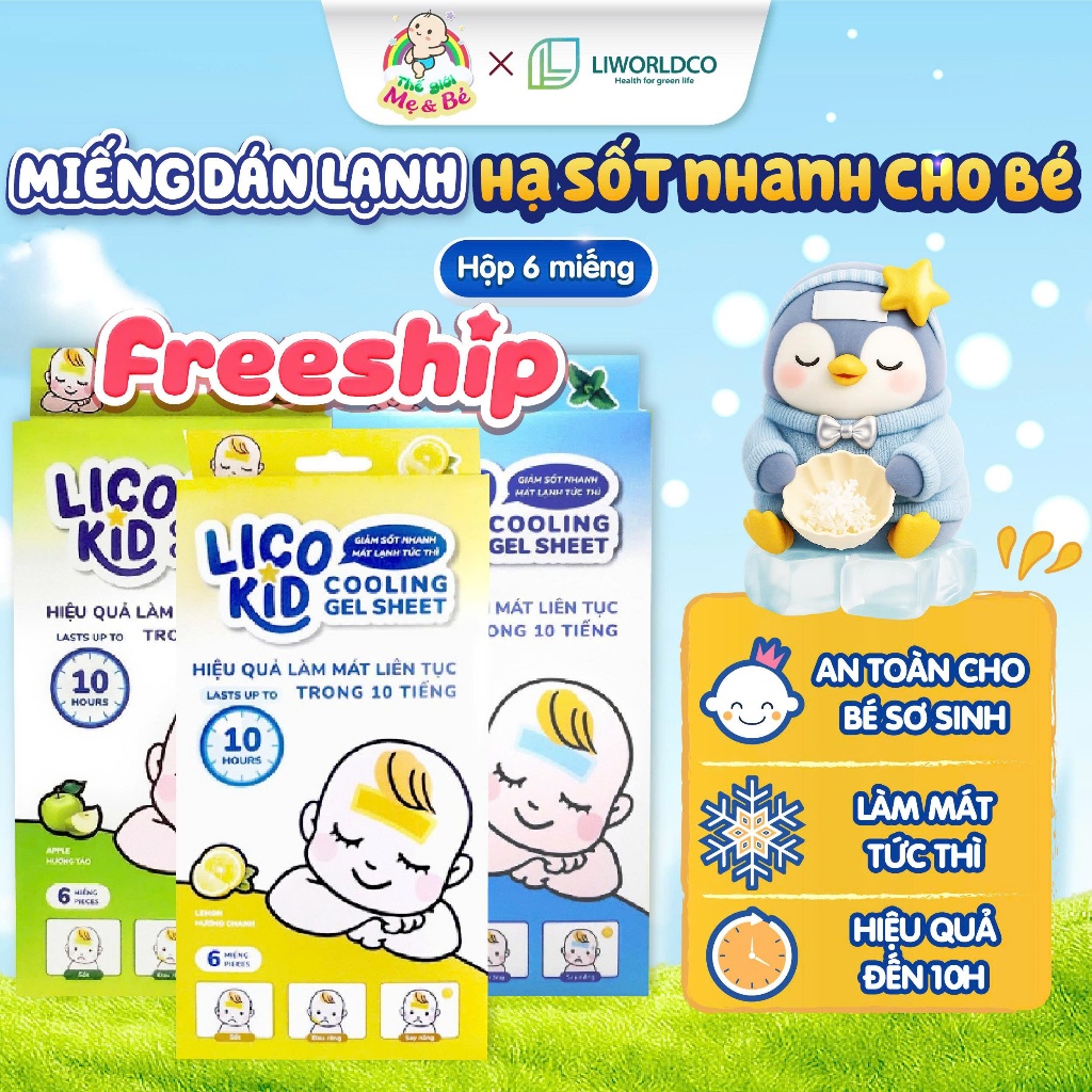  Miếng dán hạ sốt nhanh Licokid cho bé - hạ sốt giảm đau làm mát cơ thể  Hộp 6 miếng  