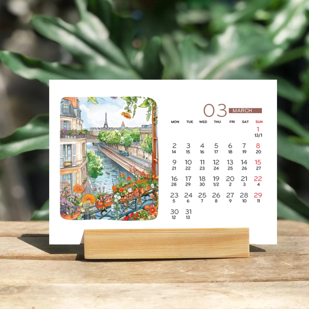 Combo 3 cuốn lịch đế gỗ để bàn 2026 nhỏ xinh tiện lợi phong cách Vintage hoạ tiết dễ thương decor bàn làm việc
