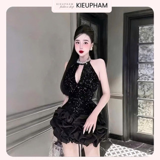  Đầm Kim Sa Bling Cổ Yếm Phối Voan Tơ Dáng Bí Phồng Sang Chảnh 