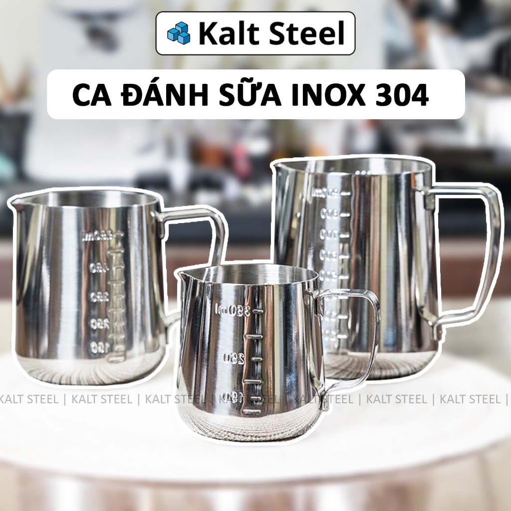 Ca Đánh Sữa Inox 304 KALT STEEL Có Chia Vạch Nhiều Dung Tích 2 Mặt Có Quai Cầm Cao Cấp DT250900601