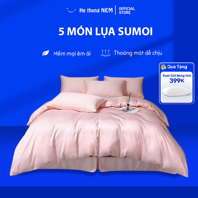 Bộ Ga Giường 5 Món He thong Nem Cao Cấp Combo Vỏ Chăn Ra Grap Drap Gối Trải Giường Lụa Sumoi Mềm Mại Êm Ái