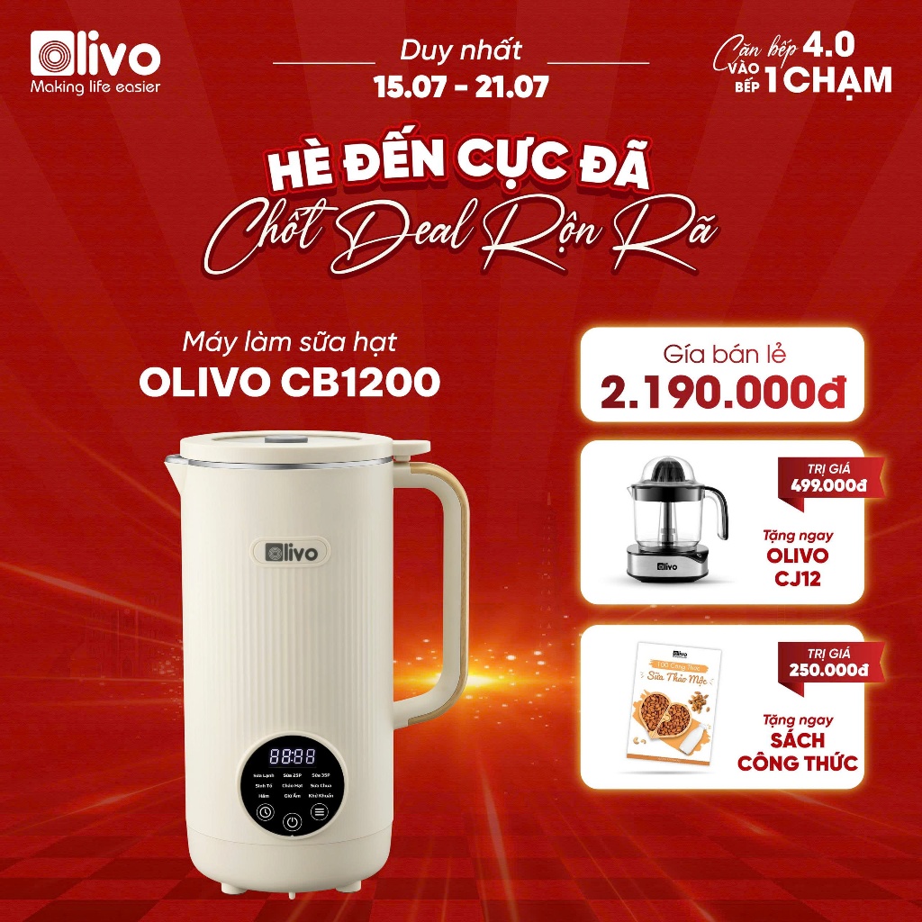 Máy Làm Sữa Hạt OLIVO CB1200 Xay Nấu Đa Năng, Dung Tích 1200ML, Nắp Kính Cường Lực