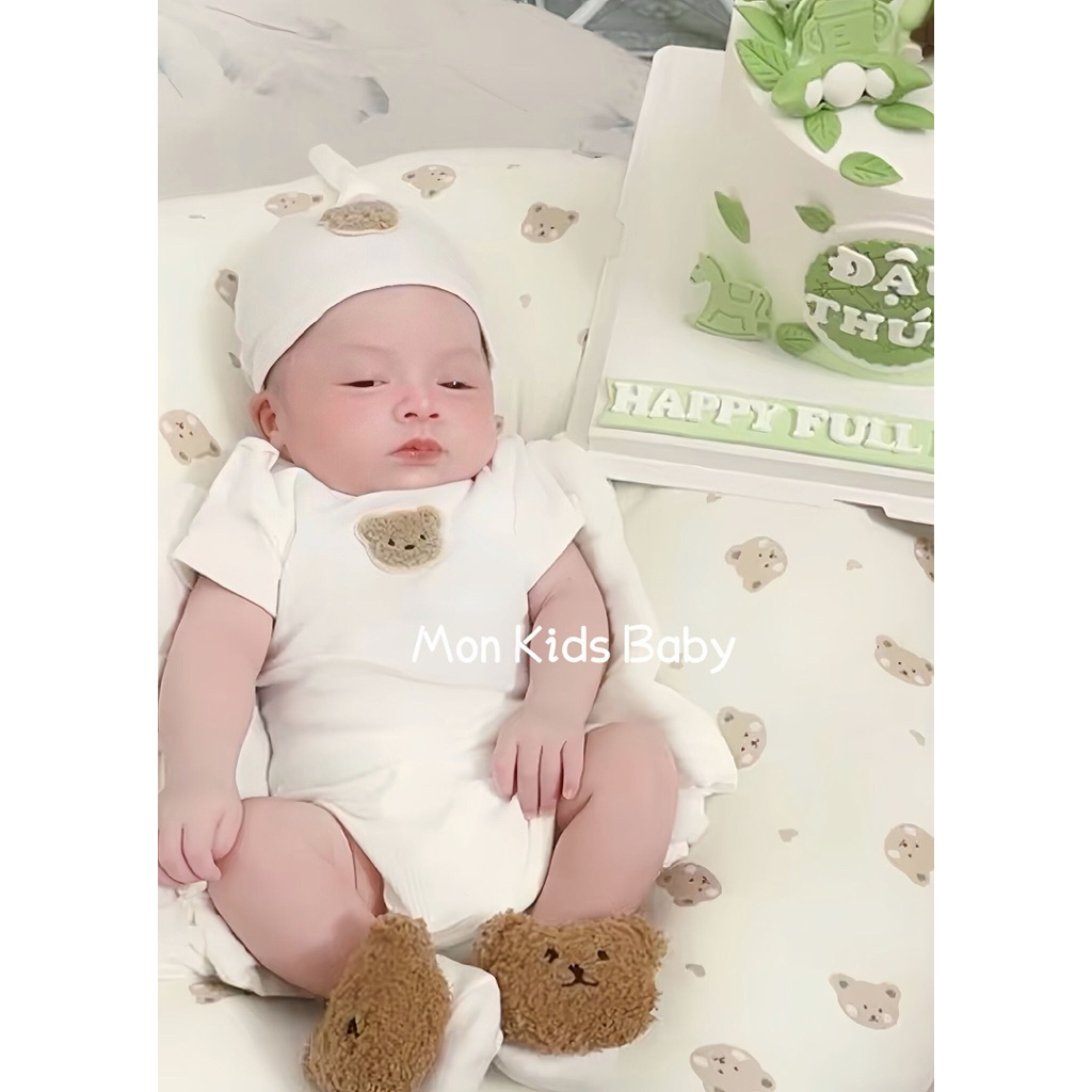 ( HÀNG CÓ SẴN ) Set body gấu tặng kèm mũ tất cho bé 3-8kg mặc đầy tháng, thôi nôi chất cotton mềm đẹ