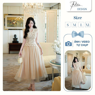  Váy tiểu thư thiết kế dáng dài chiết eo đầm dự tiệc cổ V nude phối chân voan K995 Khâu Design 