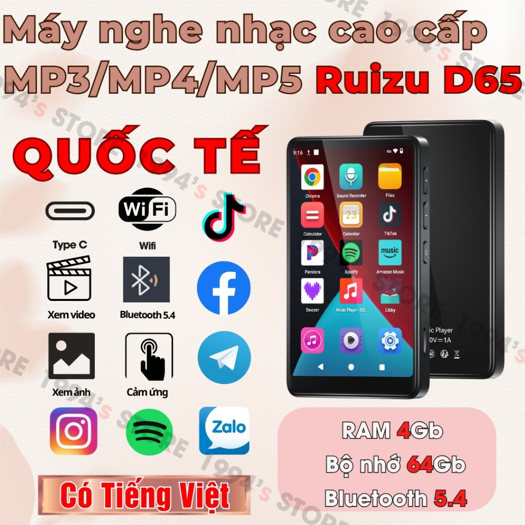 Ruizu D65 Máy Nghe Nhạc Android 14 Bluetooth MP3/MP4/MP5 - Có Tiếng Việt - WiFi, Bluetooth