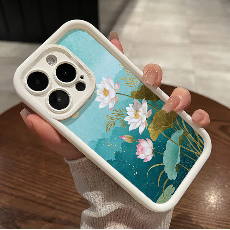 Ốp iPhone trong in hoa sen, ốp mềm chống sốc, thiết kế nhẹ  Cho iPhone  7plus 11  15 12 16Pro 17Max 