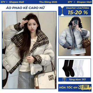  Áo Phao Nữ Vải Da Mềm Thương Hiệu STY Phối Kẻ Caro Phong Cách Hàn Quốc Thanh Lịch 