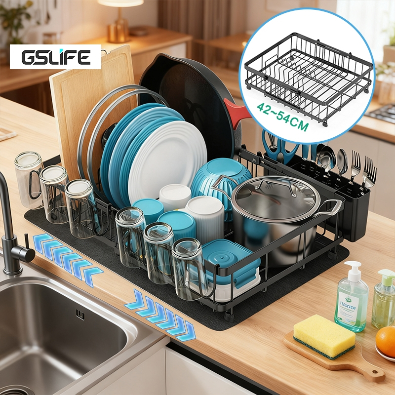 Gslife Kệ Để Bát Đĩa Một Tầng Co Giãn - Có Lót Hút Nước Chống Tràn, Tiết Kiệm Không Gian