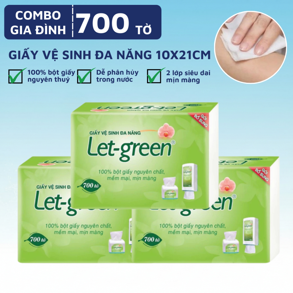 Combo Giấy Ăn Vệ Sinh Đa Năng Let Green Gói Lớn 700 Tờ 10x21cm Bột Giấy Nguyên Thủy Dai Mềm, Tan Trong Nước