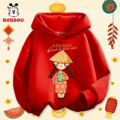 Áo hoodie cho bé gái BOBDOG 2026, đồ Tết cho bé gái chất da cá mềm mịn in hình cô gái cute cho bé