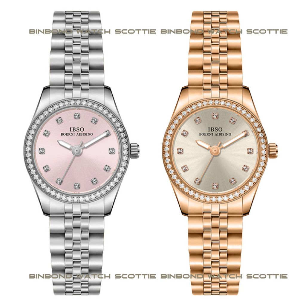 Đồng Hồ Chính Hãng IBSO Mặt Tròn Viền Đá Dây Thép, Đồng Hồ Ibso 24mm Mặt Hồng Chống Nước Kèm Hộp Túi