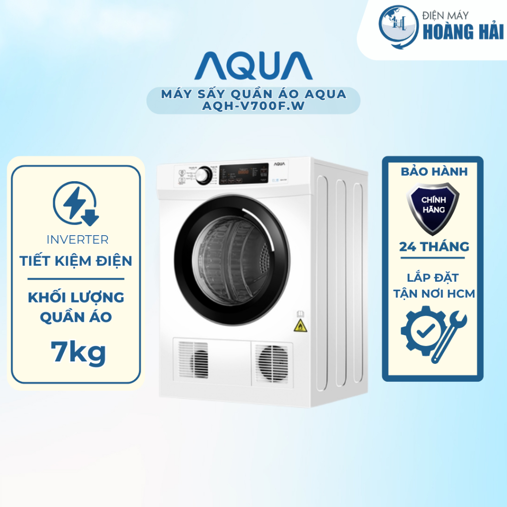Máy sấy thông hơi Aqua AQH-V700FW 7 kg, màu trắng, cửa ngang, sấy diệt khuẩn đến 99.99%