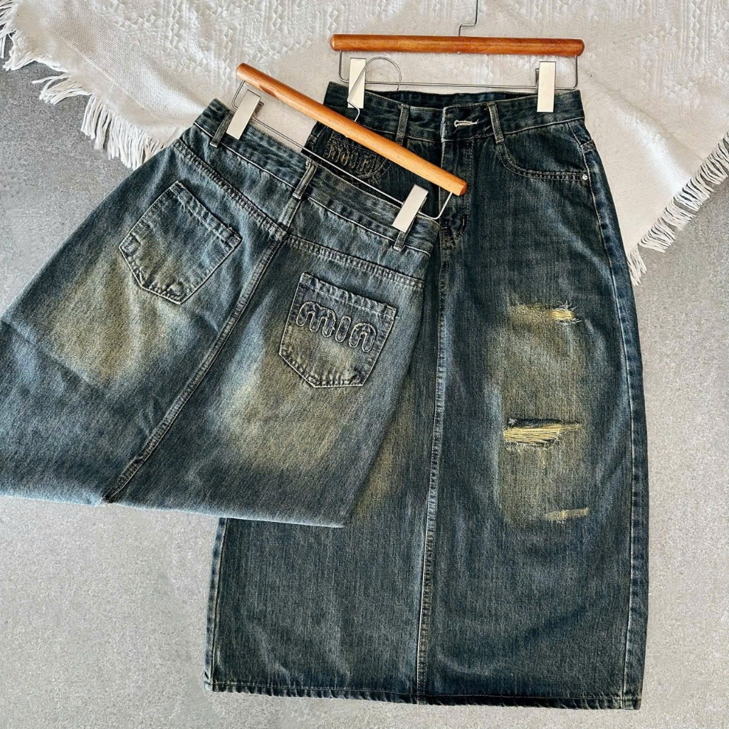 2022  BIGSSIZE Chân váy jeans nữ cạp cao không giãn , chân váy dáng chữ A dài tạo kiểu 2 bên