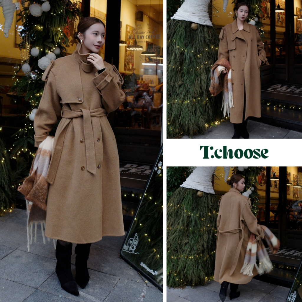 Áo khoác dạ dài nâu kèm belt, áo khoác mangto mùa đông TCHOOSE
