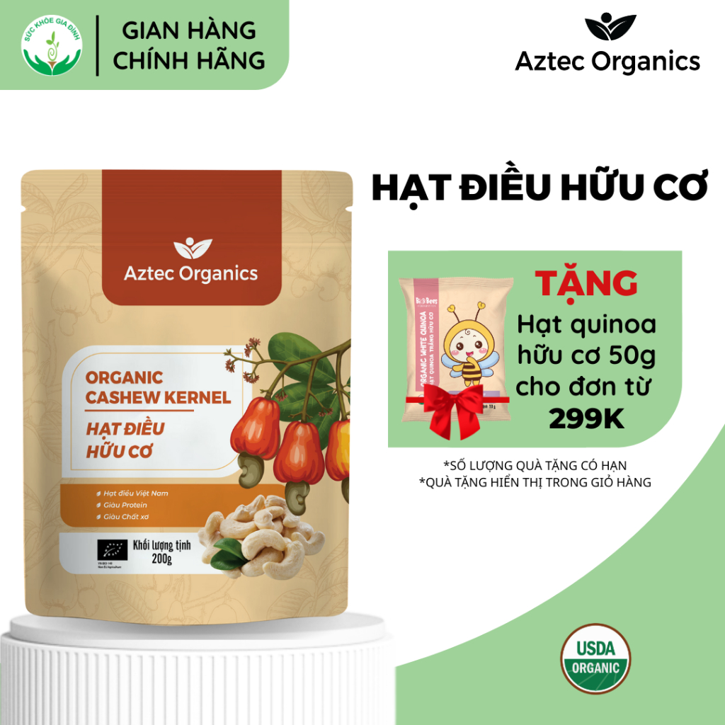 Hạt Điều Hữu Cơ Nhân Nguyên, Nhân Vỡ Aztec Organic 200gr