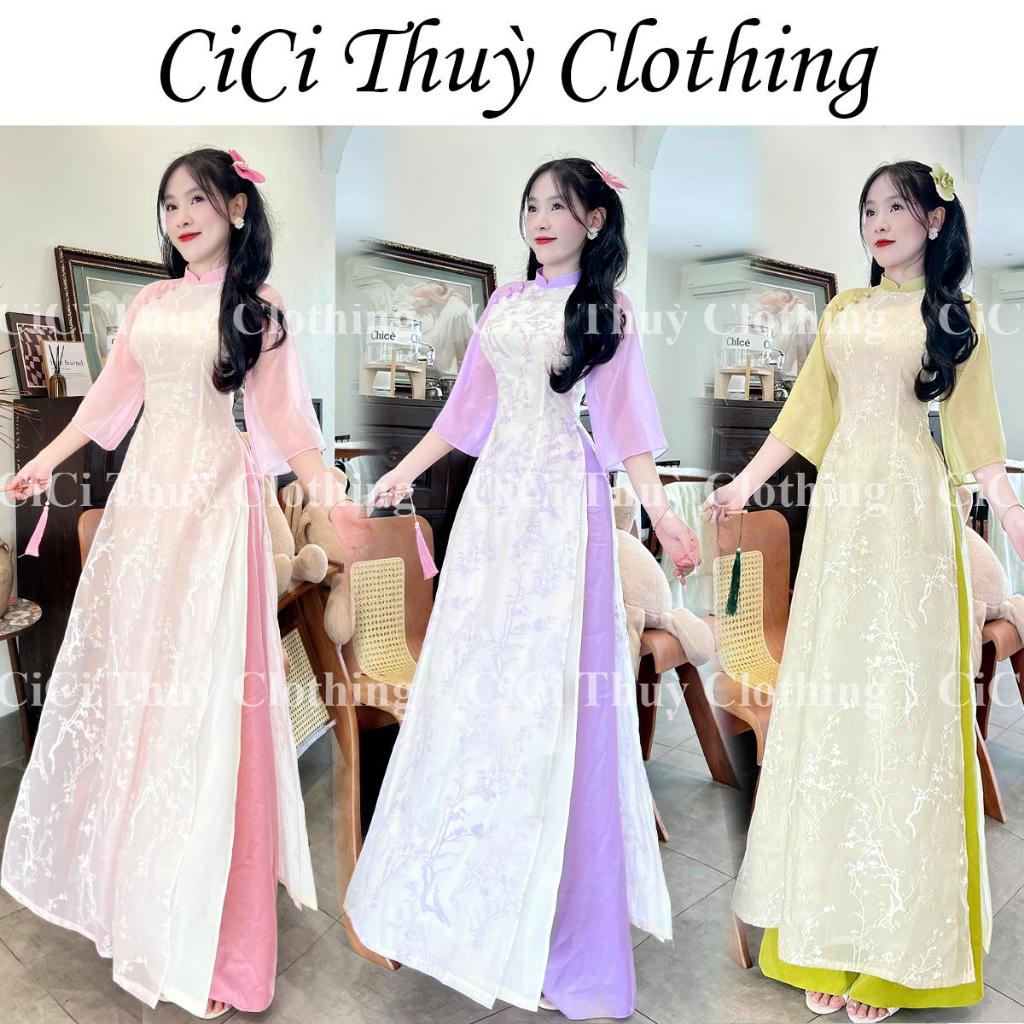 Áo Dài Hân Dư Dáng Eo Cổ 2 Phân Đính Nơ Ngọc Xinh Xỉu - CiCi Thuỳ Clothing