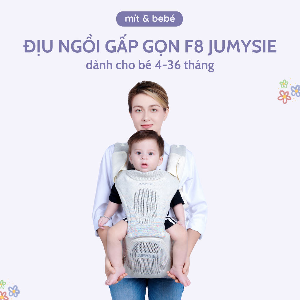 [CHÍNH HÃNG_HOẢ TỐC] Địu ngồi gấp gọn F8 Jumysie cho bé 4 đến 36 tháng, vải dệt kim Fly 5D thoáng khí, trợ lực tốt