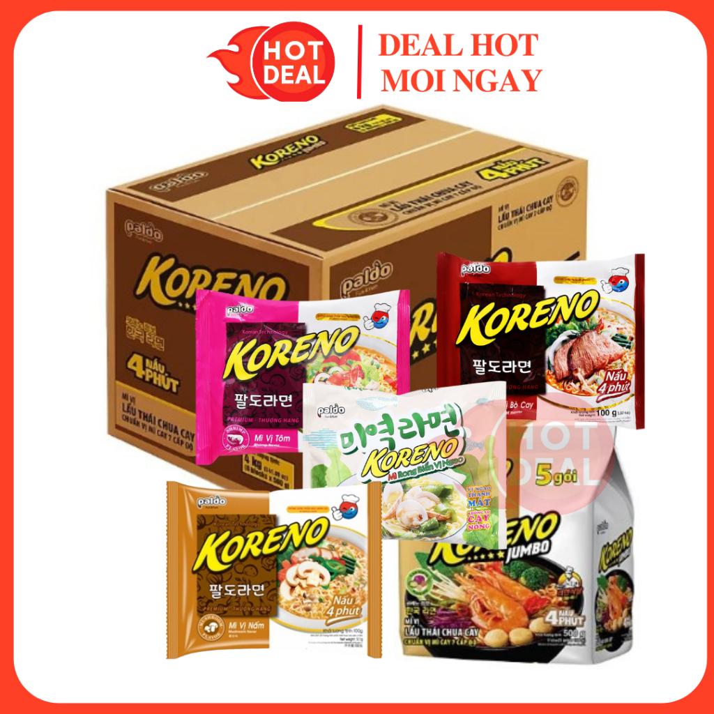[ĐỦ VỊ] Thùng Mì Koreno Kim Chi/Bò Cay/Nấm/Ngao/Tương Đen/Chua Cay/Phô Mai Cay Gói 100G